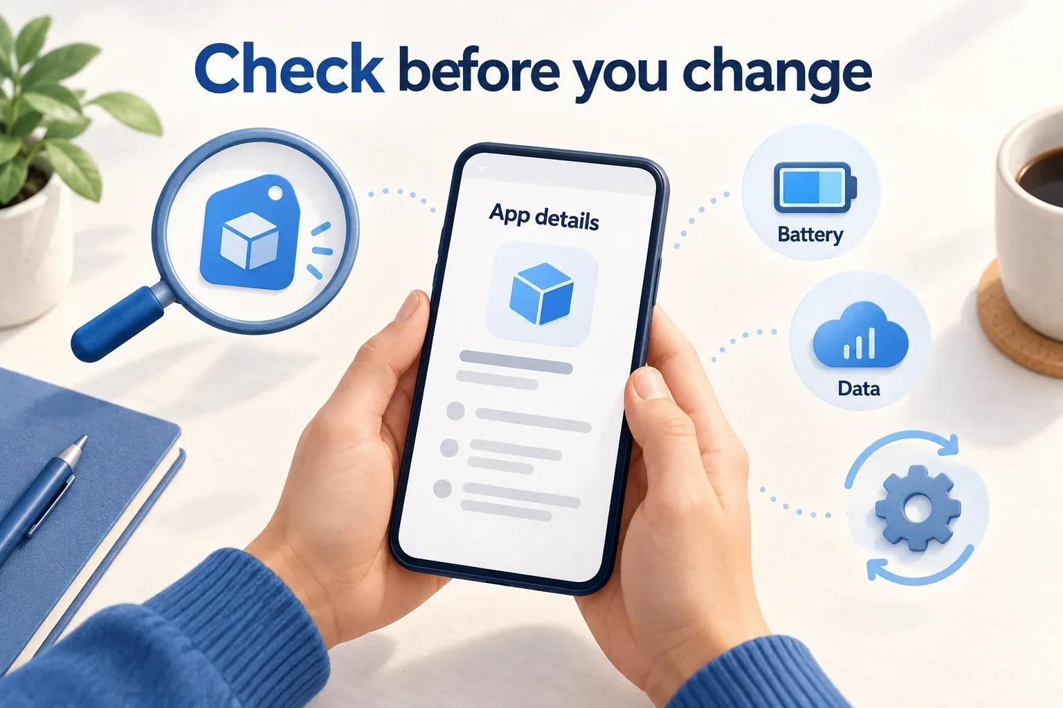 Check the app details, battery and data usage before changing settings. AI-generated editorial illustration; this is not an Android screenshot.