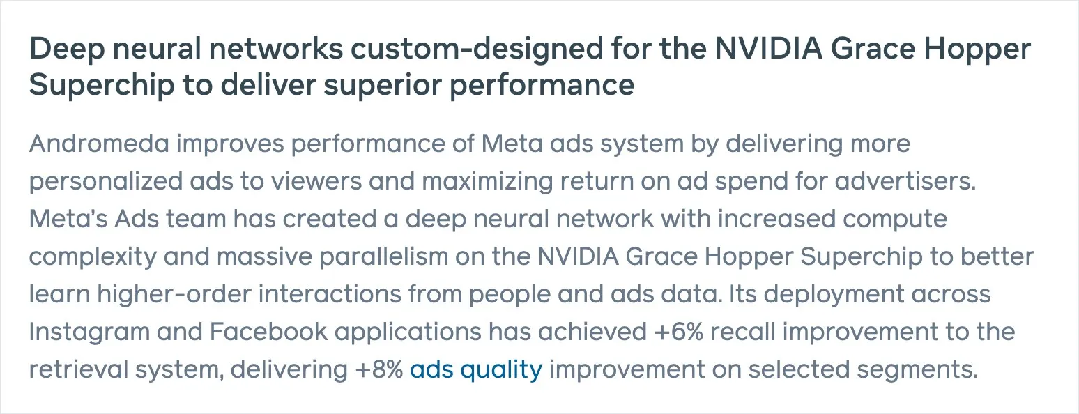 Screenshot of Meta's stated Andromeda results: +6% recall and +8% ads quality on selected segments. Source: Engineering at Meta