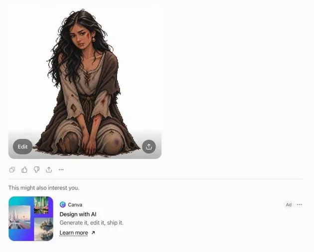 Cropped ChatGPT screenshot showing a generated illustration above a Canva ad reading Design with AI and Generate it, edit it, ship it, with the Ad label visible.