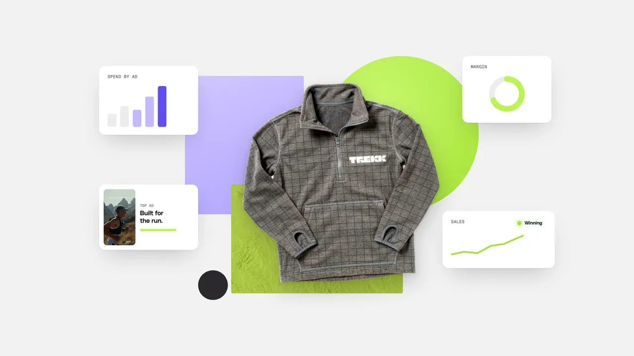 Cuttable's official ad insights illustration showing a product alongside spend, margin and sales graphics