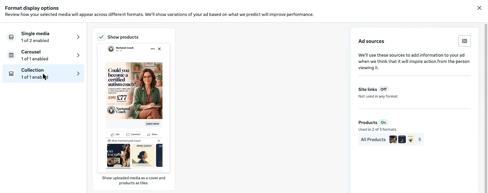 Ads Manager Format display options: Collection layout with the Nurtured Coach ad as the cover and catalog products as tiles below