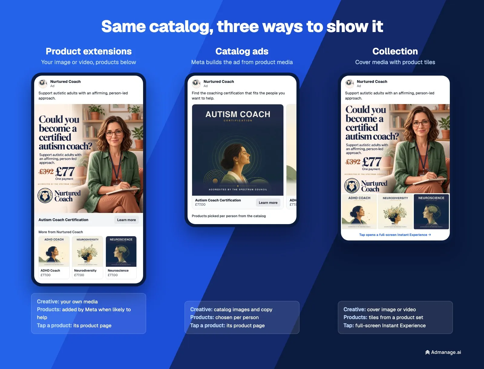 Same catalog, three ways to show it: product extensions, catalog ads and collection ads