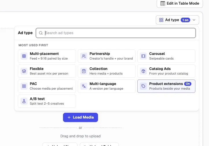 AdManage Ad type menu with Product extensions turned on, next to Catalog Ads, Collection and Carousel