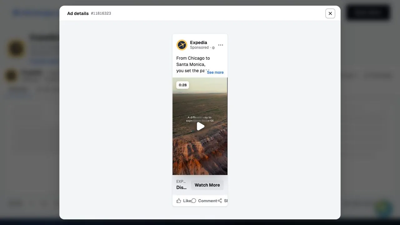 Expedia Facebook ad preview, captured in AdScan.