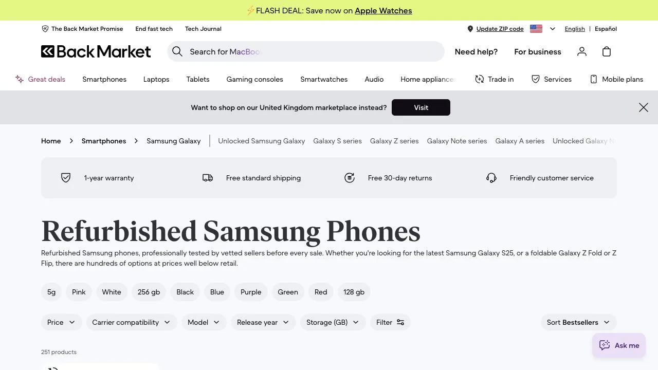 The ChatGPT ad opens Back Market's refurbished Samsung shopping category.