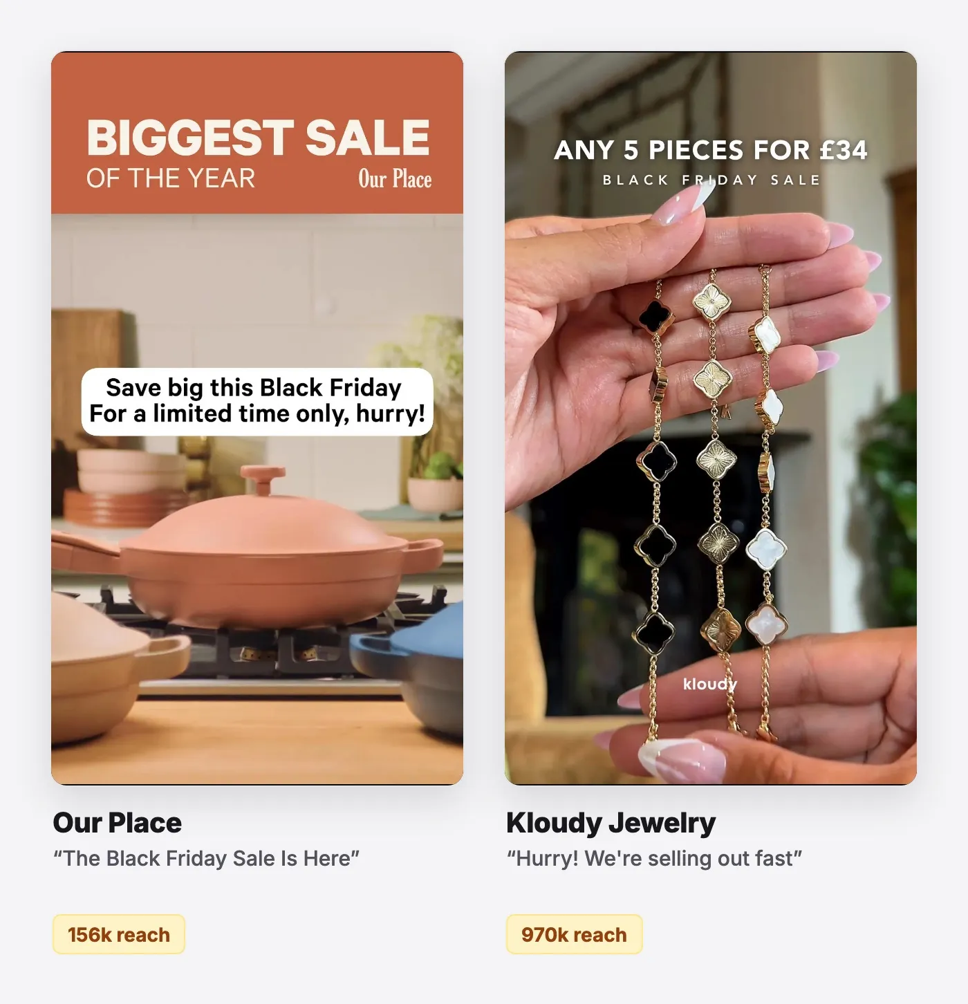 The demo: Black Friday ad examples from Our Place and Kloudy Jewelry. See them all on the free board.