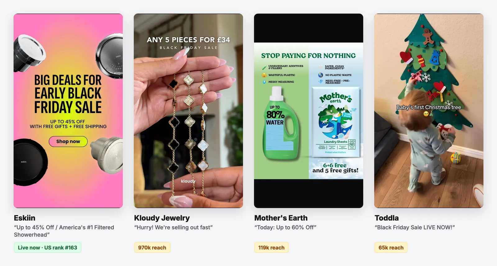 The stacked offer: Black Friday ad examples from Eskiin, Kloudy Jewelry, Mother's Earth and Toddla. See them all on the free board.