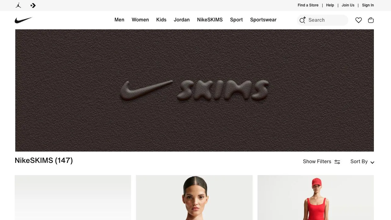 The Facebook ad leads to NikeSKIMS: a collection page with multiple products.