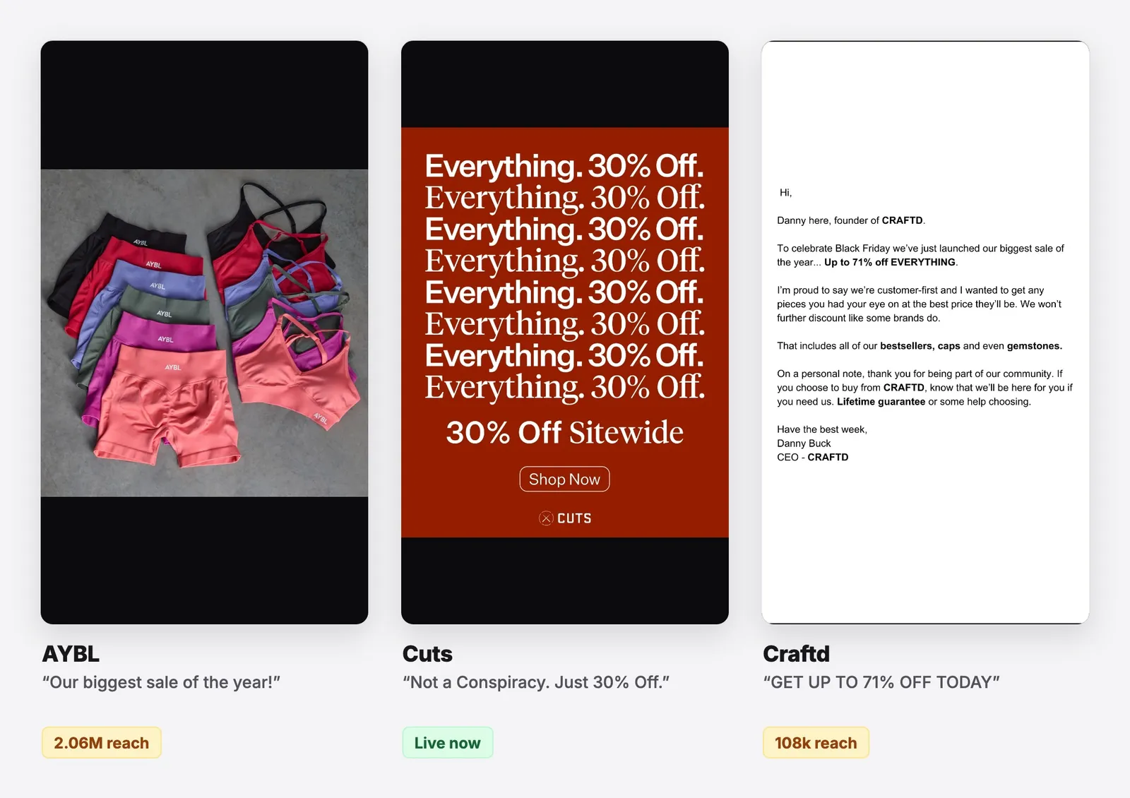 The offer-led static: Black Friday ad examples from AYBL, Cuts and Craftd. See them all on the free board.