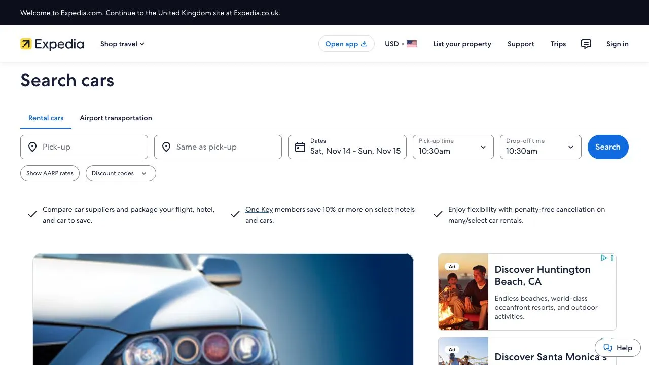 The ChatGPT destination puts Expedia's car-rental search form first.