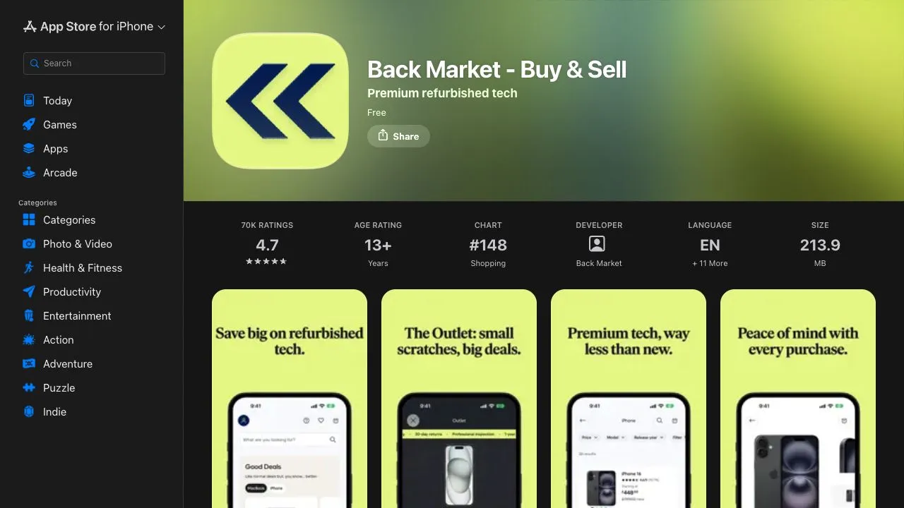 The Facebook ad opens Back Market's App Store listing.