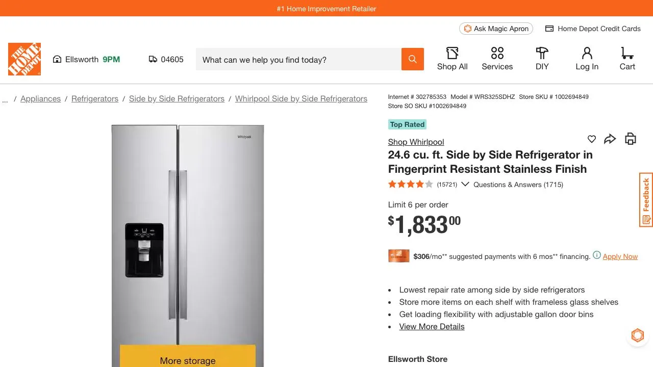 Home Depot's Facebook ad opens the advertised Whirlpool refrigerator product page.
