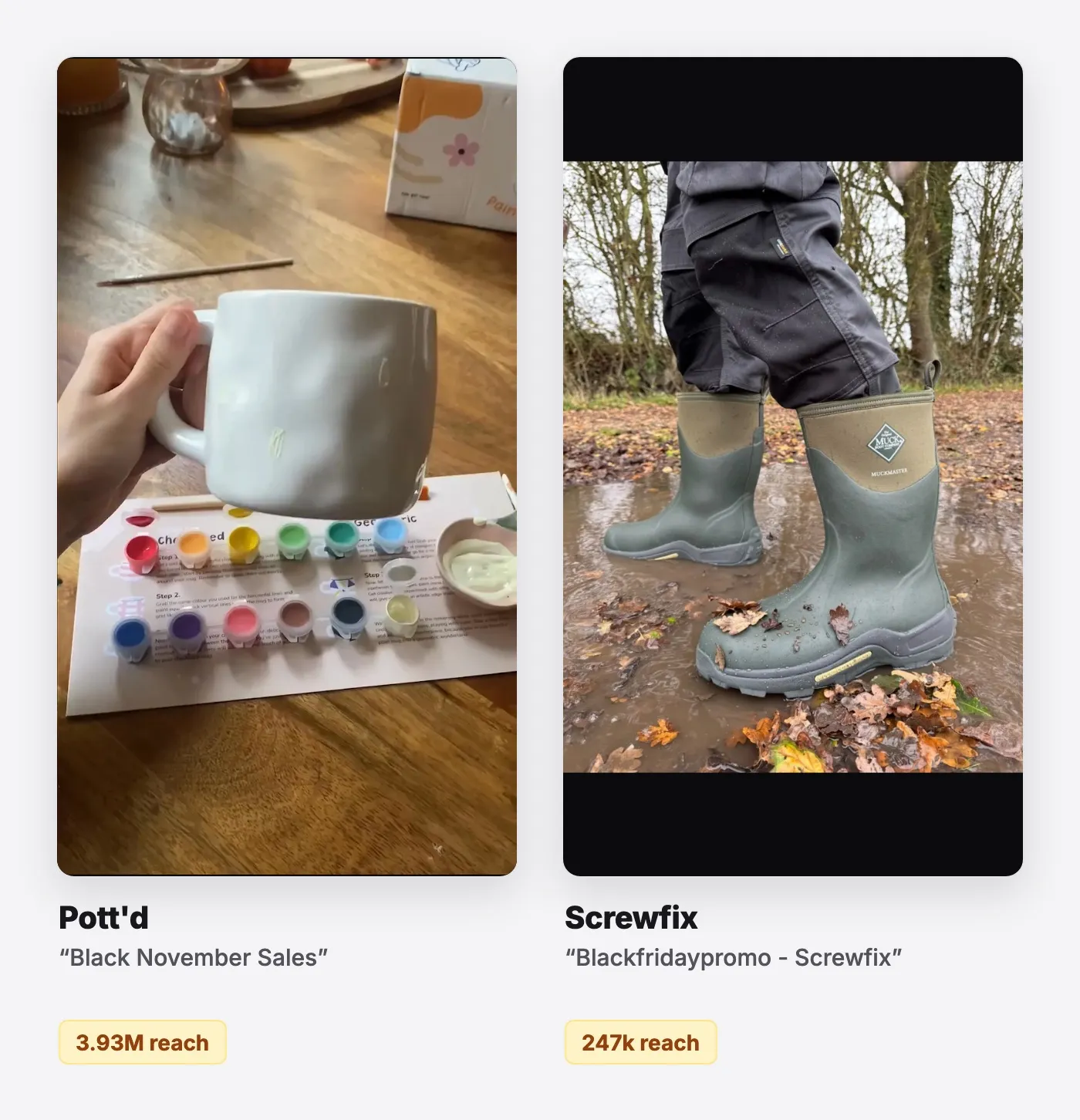 Single-creator UGC: Black Friday ad examples from Pott'd and Screwfix. See them all on the free board.