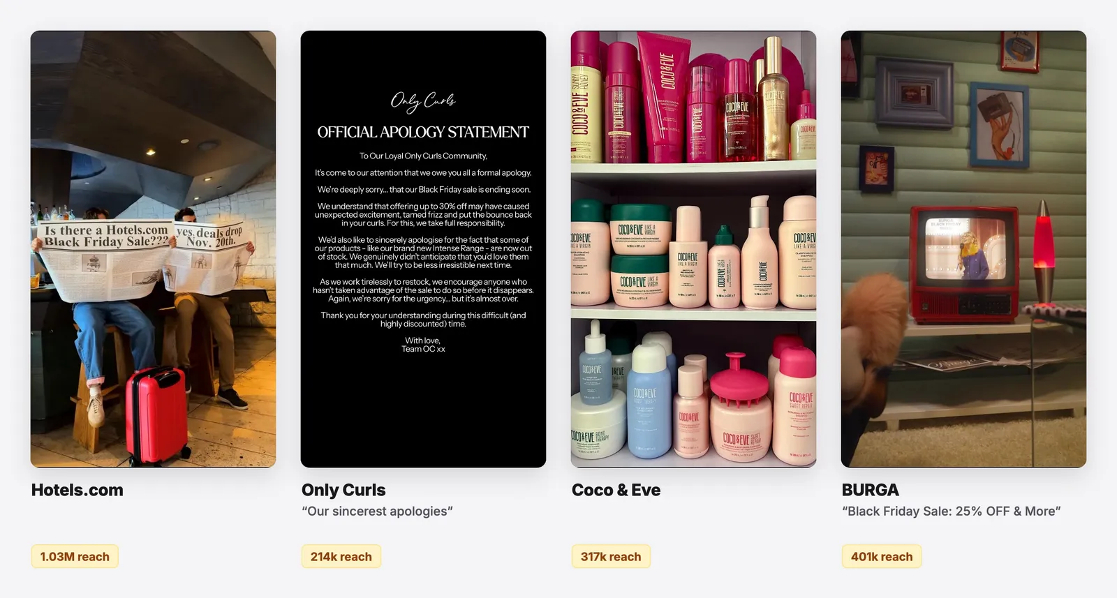 Pattern-breaks: Black Friday ad examples from Hotels.com, Only Curls, Coco & Eve and BURGA. See them all on the free board.