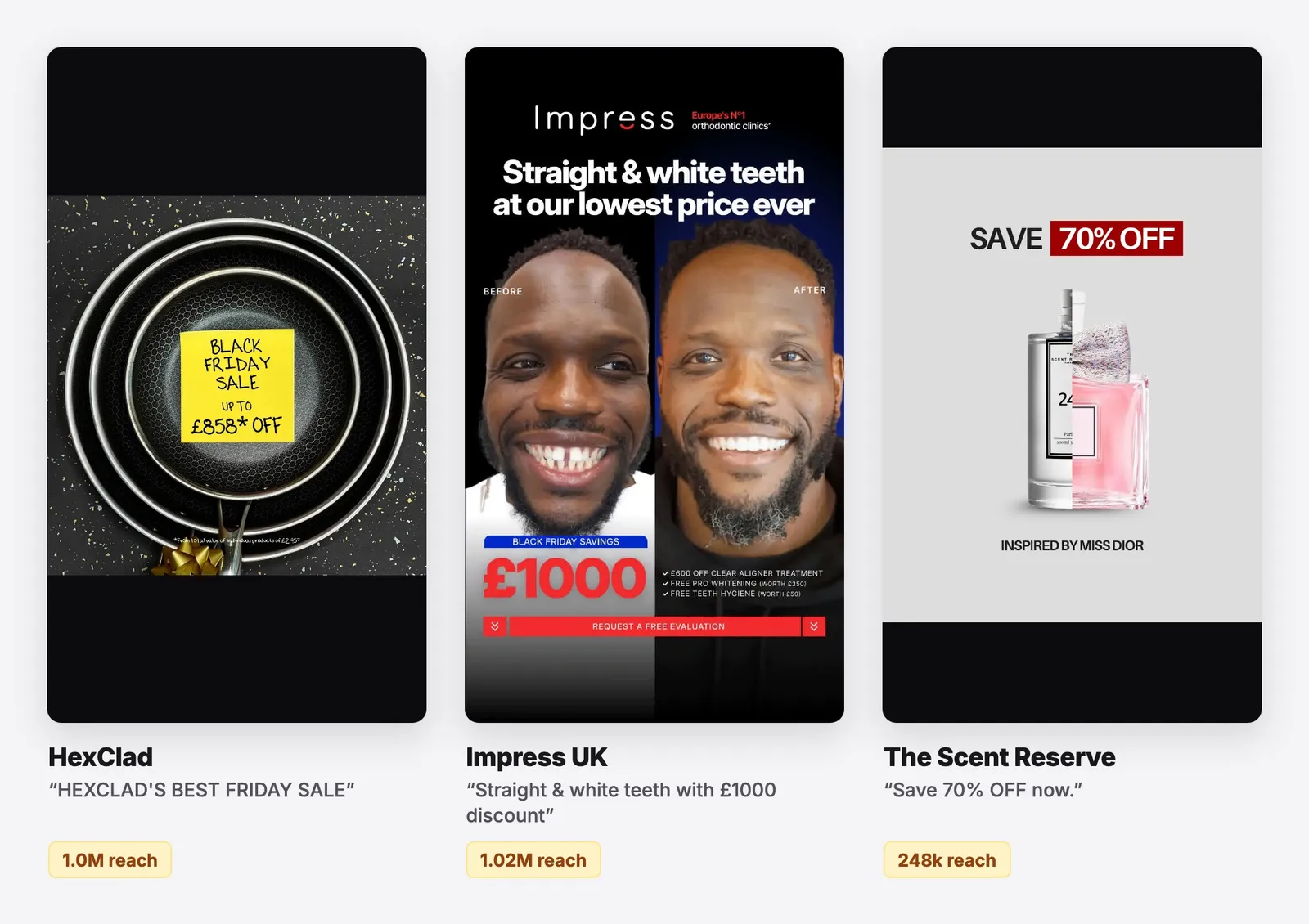 Price-math statics: Black Friday ad examples from HexClad, Impress UK and The Scent Reserve. See them all on the free board.