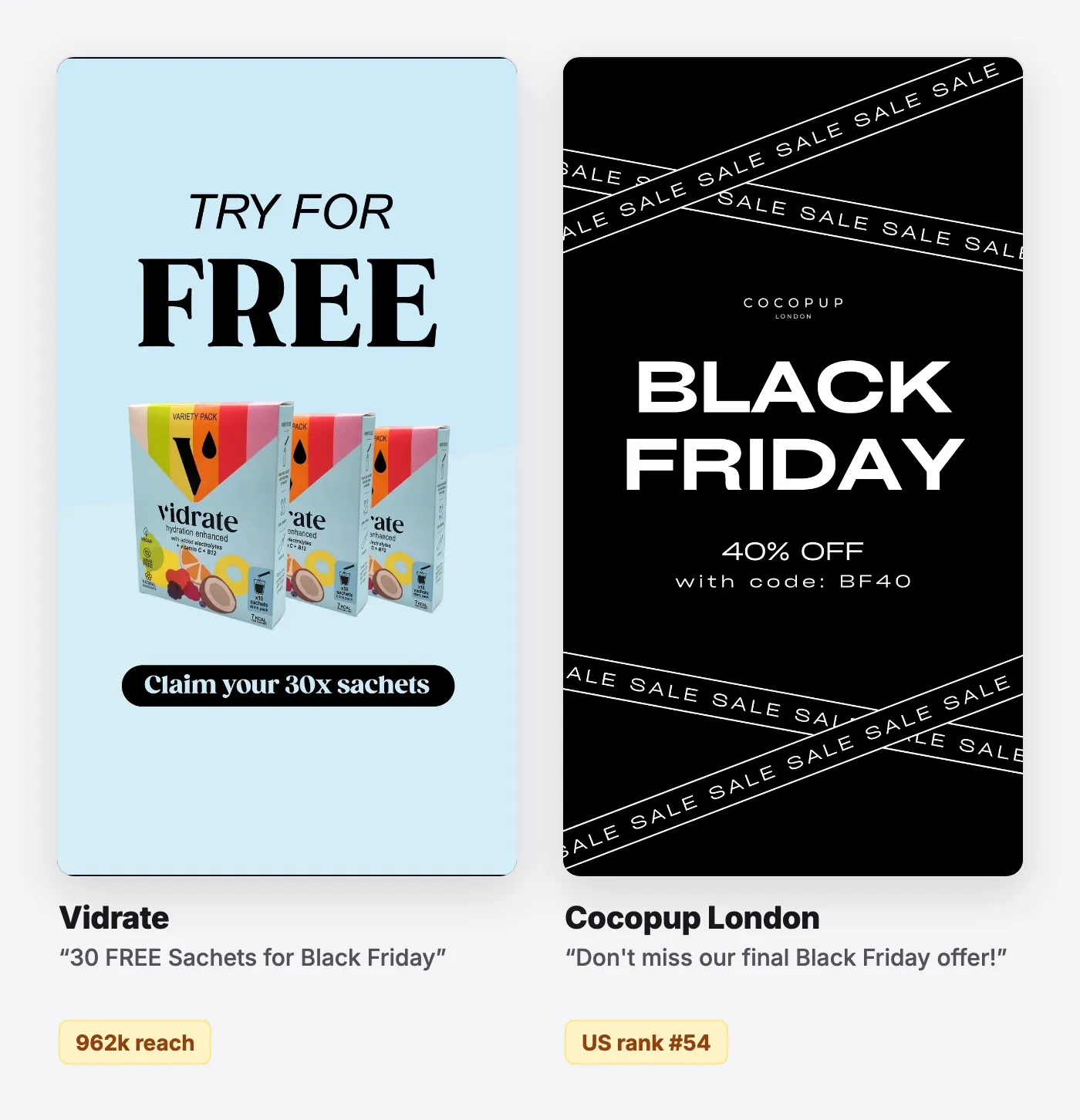 The contrarian text-only static: Black Friday ad examples from Vidrate and Cocopup London. See them all on the free board.