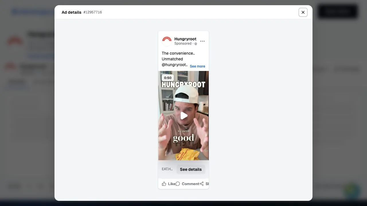 Hungryroot Facebook ad preview, captured in AdScan.