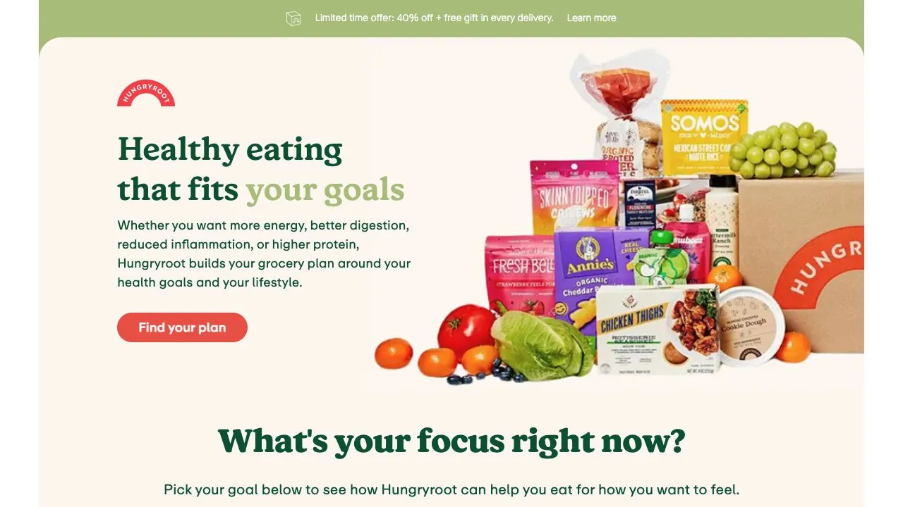 Hungryroot's Facebook landing page: 40% off and a free gift in every delivery.